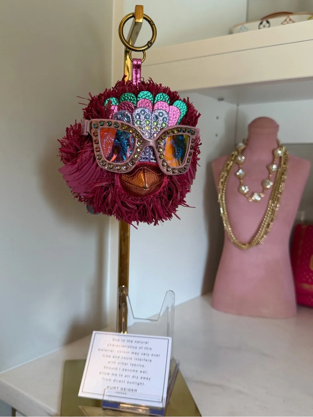 Kurt Geiger novelty Fuchsia Feather Pom-Pom Keychain with Sequin Sunglasses NIB
